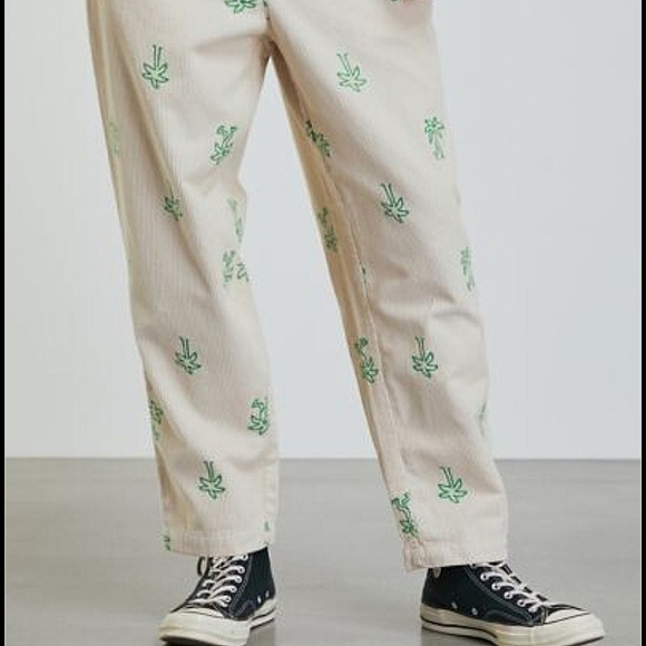 Urban Outfitters Embroidered Corduroy Beach Pant Cream/Green, Men's Medium - Picture 2 of 9
